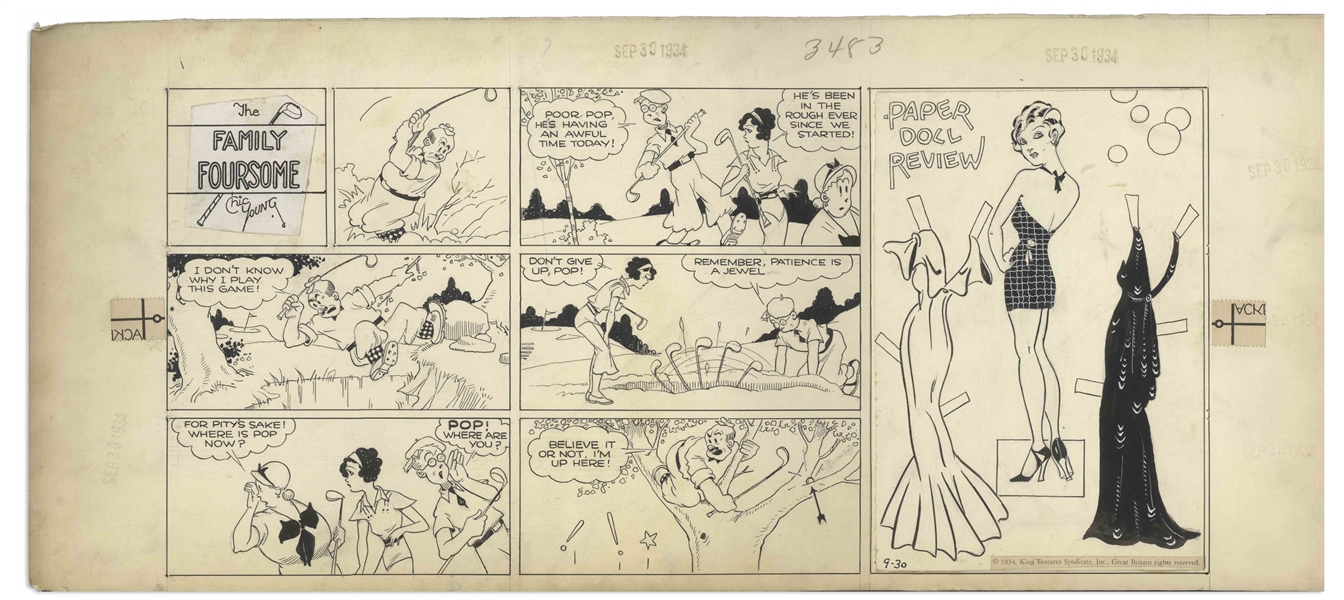 Lot of 4 ''Family Foursome'' Sunday Comic Strips From the 1930s by Chic Young -- Includes Blondie Paper Doll & Costumes